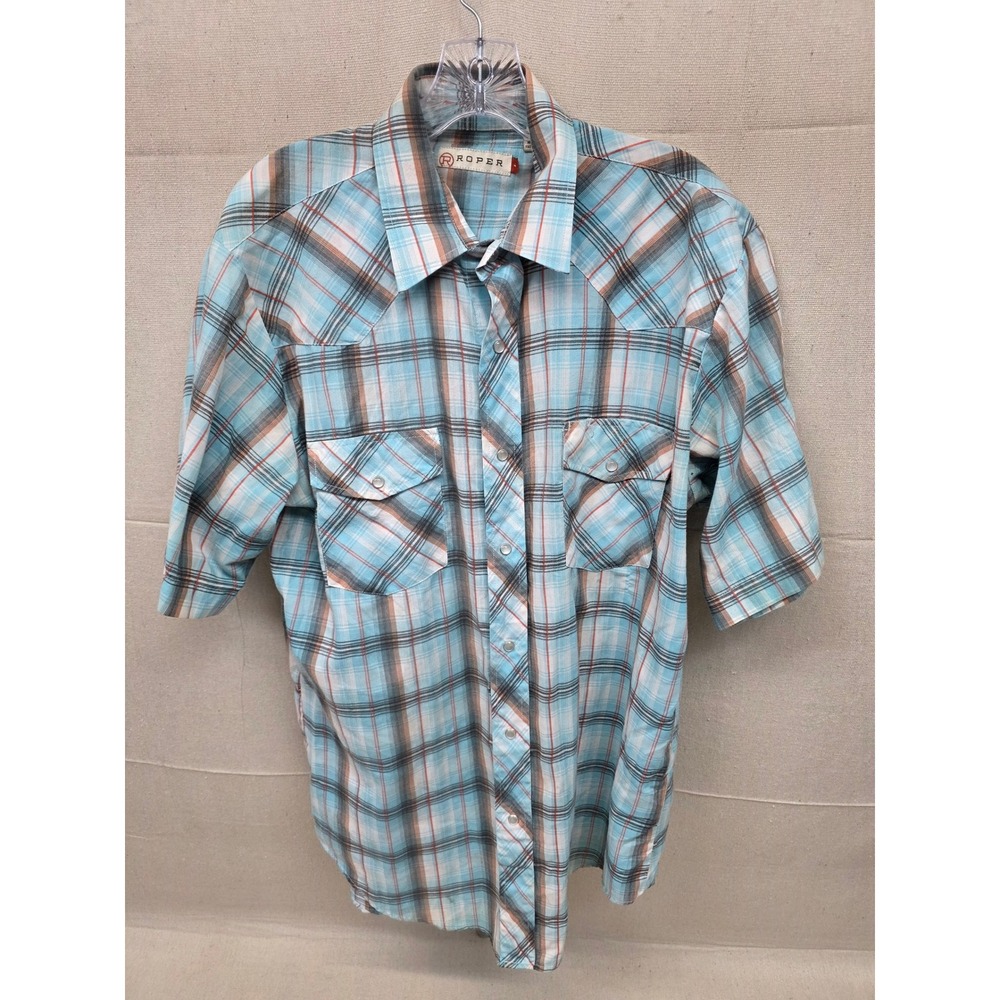 Roper Mens Turquoise Blue Orange‎ Plaid Pearl Snap Short Sleeve Western Shirt L